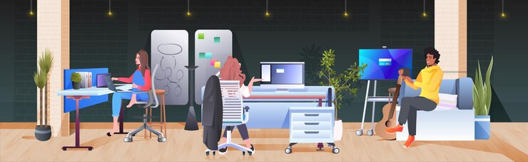 Vector mix race businesspeople working and communicating in creative coworking center teamwork concept modern office interior horizontal full length 