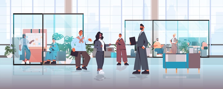 Vector 혼합 인종 기업인 작업 및 coworking 센터 비즈니스 회의 팀워크 개념에서 함께 이야기