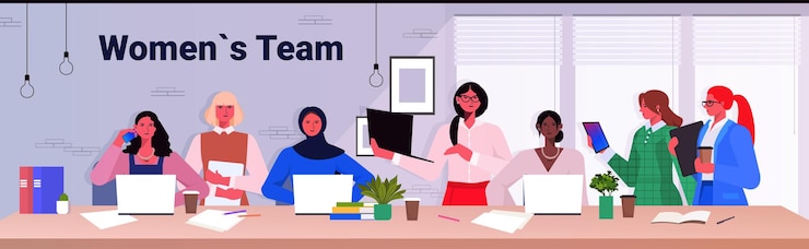 Vector mix race businesswomen colleagues working together successful business women team leadership concept modern office interior horizontal portrait vector illustration