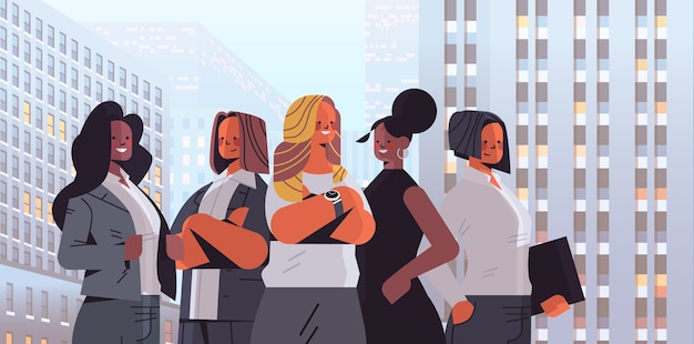 Mix race businesswomen group standing together women's team business competition leadership concept cityscape background    illustration