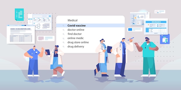 Mix race doctors choosing covid vaccine in search bar on virtual screen medicine healthcare full length