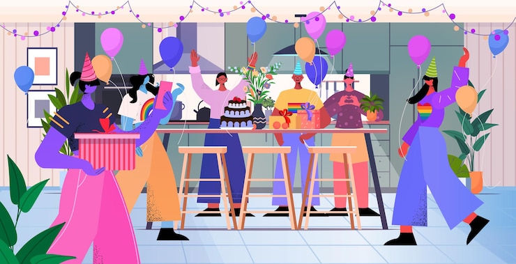 Vector lgbtプライドパレードを一緒に祝うレースの友達をミックストランスジェンダーの愛のコンセプトリビングルームインテリア水平全長ベクトルイラスト