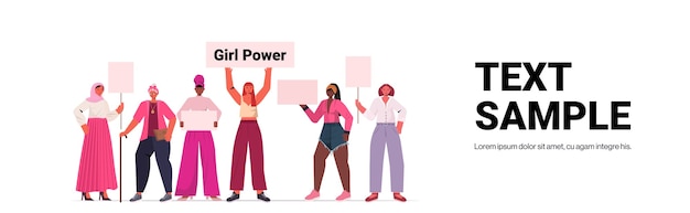 Vector mix race girls activists holding posters female empowerment movement women power concept full length horizontal copy space vector illustration