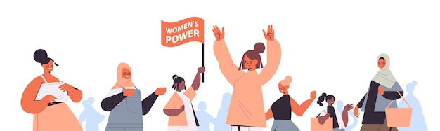 混血の女の子の活動家が一緒に立つ女性のエンパワーメント運動フェミニストの女性のコミュニティ連合コンセプト水平肖像画ベクトル図