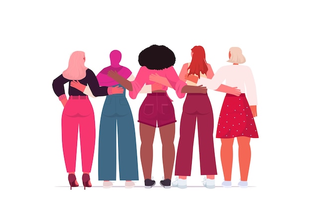 mix race girls standing together female empowerment movement women power concept  rear view 