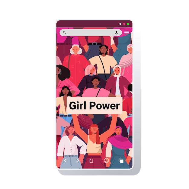 mix race girls standing together female empowerment movement women's power union of feminists concept smartphone screen vector illustration