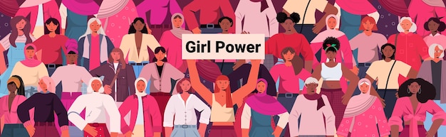 ベクトル 一緒に立っている混血の女の子女性のエンパワーメント運動フェミニストの女性の力の連合概念水平肖像画ベクトル図