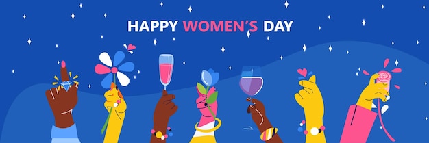 Смешанные расы руки держа бокалы шампанского международный счастливый женский день концепция празднования 8 марта поздравительная открытка горизонтальная векторная иллюстрация