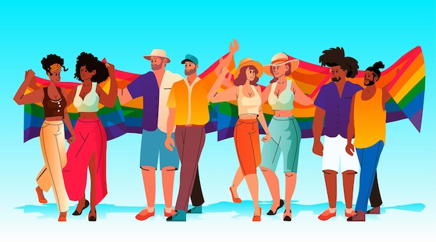 mix race homo's en lesbiennes met lgbt regenboogvlag trots festival transgender liefde generatie Z concept horizontale vectorillustratie