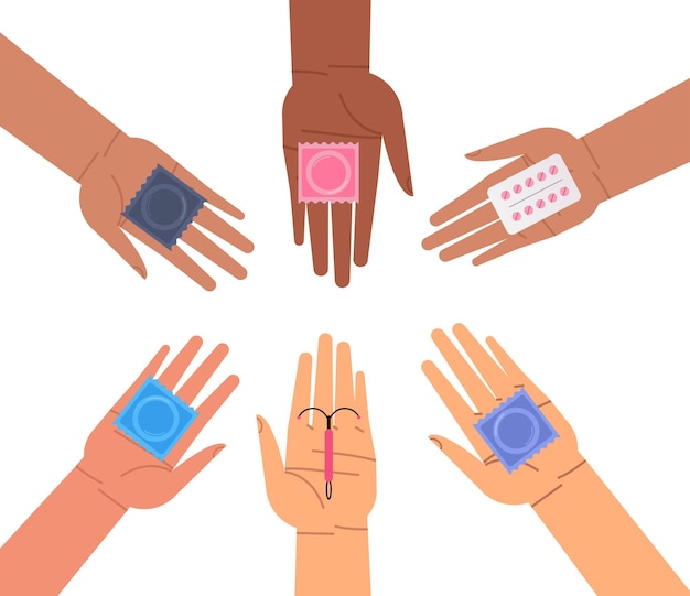 ベクトル ミックス レース人間の手がコンドームを保持しています。性的健康教育、避妊方法、避妊と生殖システム、人間のセクシュアリティの概念ベクトル図