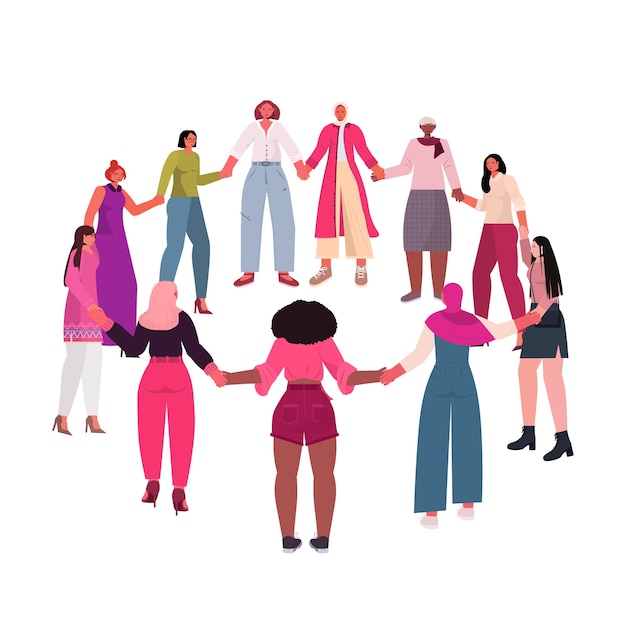 Vector mix race meisjes hand in hand staan samen vrouwelijke empowerment beweging vrouwen macht concept geïsoleerd