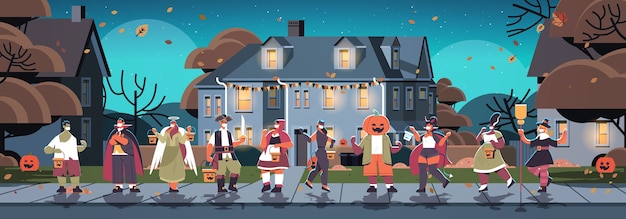 Vector mix race mensen in kostuums wandelen in de stad trick or treat happy halloween viering coronavirus quarantaine concept horizontale volle lengte vector illustratie
