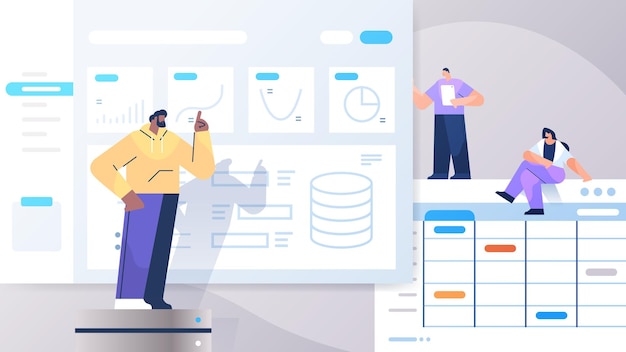 Mix race ondernemers team analyseren van grafieken en diagrammen data-analyse planning bedrijf strategie teamwerk concept volledige lengte horizontale vector illustratie