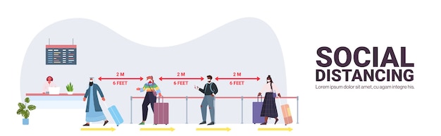 mix race passengers in protective masks standing at check-in counter keeping distance to prevent coronavirus social distancing concept airport terminal interior horizontal copy space vector illustrati