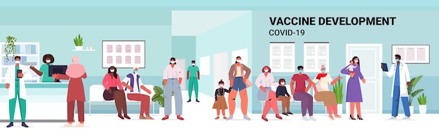 mix race patiënten zitten in ziekenhuis gang mensen wachten op covid-19 vaccin coronavirus preventie medische immunisatie campagne volledige lengte horizontale illustratie