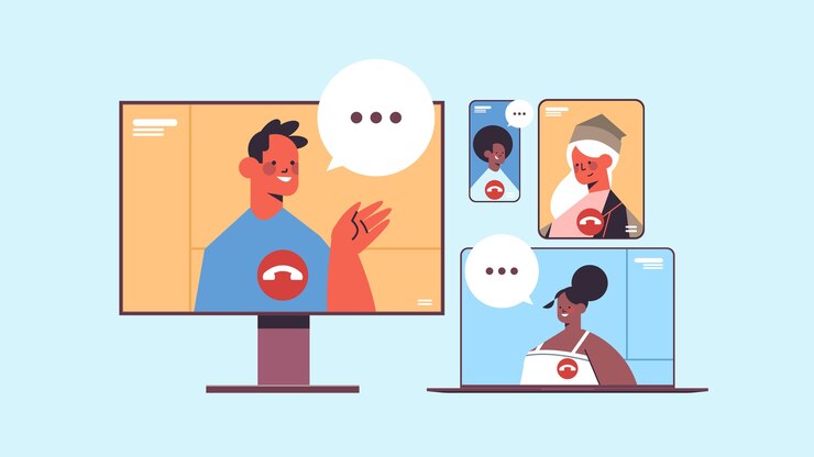 Vector mix race people chatting during video call businesspeople using digital gadgets online conference meeting communication portrait