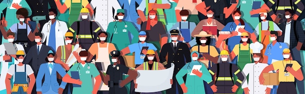 Mix race people of different occupations standing together labor day celebration concept men women wearing masks to prevent coronavirus horizontal vector illustration