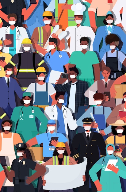 mix race people of different occupations standing together labor day celebration concept men women wearing masks to prevent coronavirus vertical vector illustration