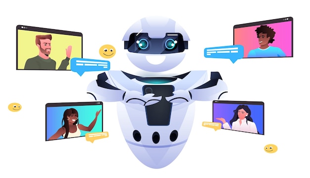 Mescola persone di razza che discutono con il concetto di comunicazione online della tecnologia di intelligenza artificiale del robot chatbot