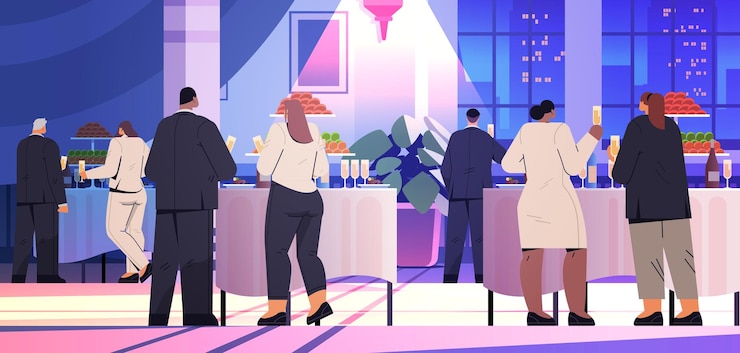 Vector mix race people drinking champagne and having fun at corporate party event men women in formal wear having fun horizontal vector illustration