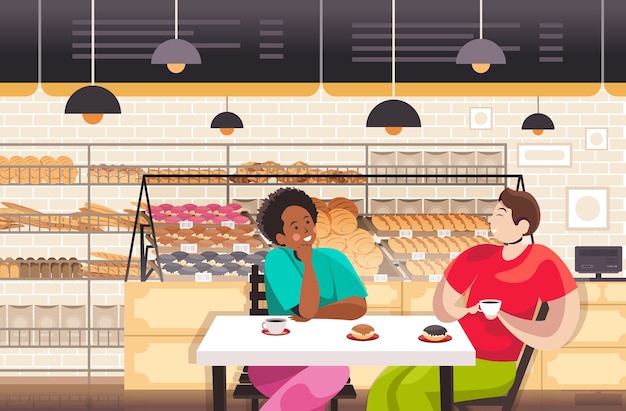 Смешать расы люди пьют кофе в пекарне пара обсуждает во время завтрака ресторан интерьер портрет горизонтальная векторная иллюстрация