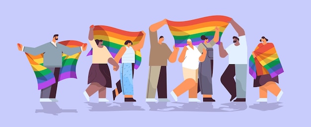 Lgbt 무지개 깃발을 들고 믹스 인종 사람들 그룹 게이 레즈비언 사랑 퍼레이드 프라이드 축제 트랜스 젠더 사랑 개념 전체 길이 수평 벡터 일러스트 레이 션