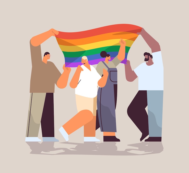 Vector mix race people group holding lgbt rainbow flag gay lesbian love parade pride festival transgender love concept full length vector illustration
