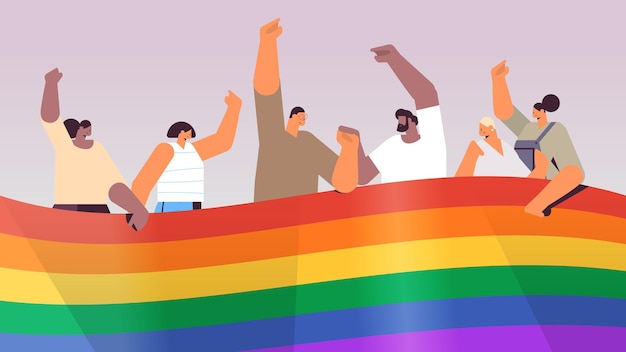 lgbt 무지개 깃발 게이 레즈비언 사랑 퍼레이드 프라이드 축제 트랜스 젠더 사랑 개념을 들고 혼합 인종 사람들 그룹