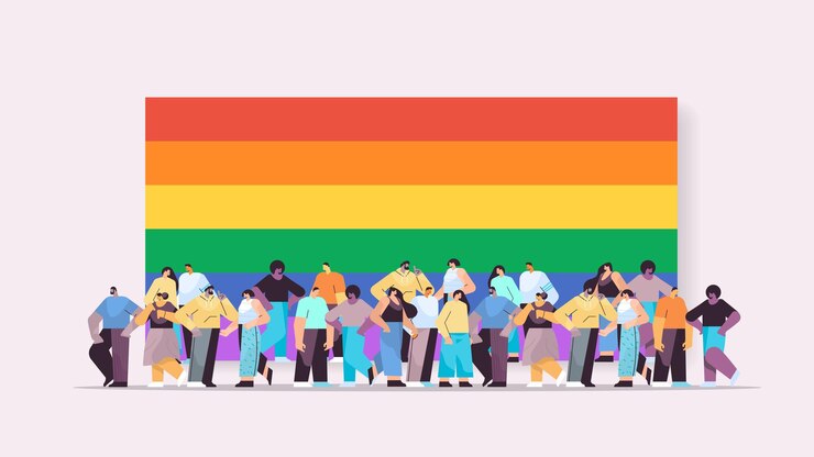 Vector lgbtレインボーフラッグゲイレズビアンラブパレードプライドフェスティバルトランスジェンダーラブの近くに一緒に立っている混合レースの人々のグループ