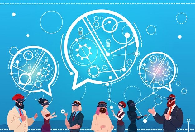 mix race people group wear digital reality glasses chat bubbles social network communication concept