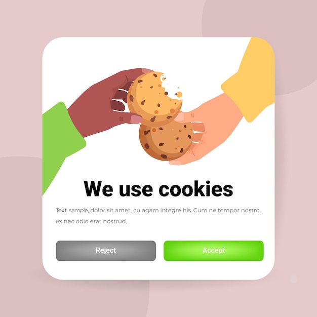 mix race people hands holding cookie protection of personal information internet web pop up we use cookies policy notification concept copy space vector illustration