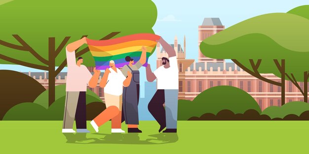 Mix race people holding lgbt rainbow flags gay lesbian love parade pride festival transgender love concept full length horizontal vector illustration