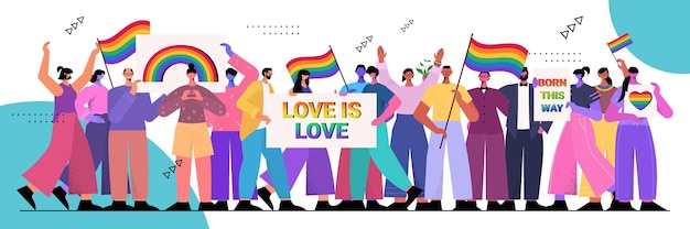 Vector mix race people holding lgbt rainbow flags and placards gay lesbian love parade pride festival transgender love