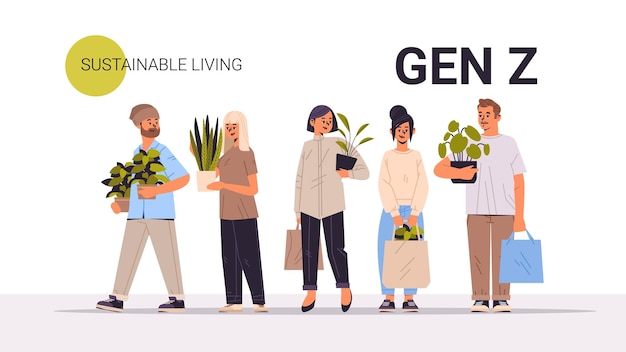 Mix race people holding potted plants generation z sustainable living concept