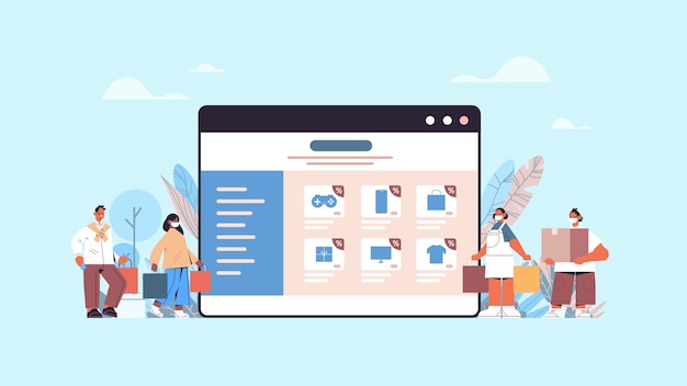 ウェブブラウザウィンドウで商品を選択する買い物袋とマスクの混血ブラックフライデーセールコロナウイルス検疫の概念