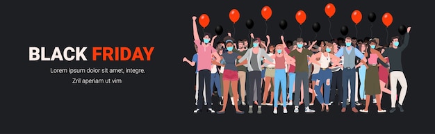 Vector mix race people in masks standing with raised up hands men women having fun black friday big sale coronavirus quarantine concept full length horizontal vector illustration