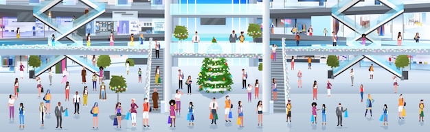 mix race people in masks walking in shopping mall with purchases near christmas tree new year holidays celebration coronavirus quarantine concept full length   illustration