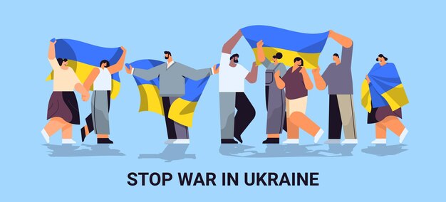 Vector mix race people protesters holding ukrainian flags pray for ukraine peace save ukraine from russia stop war concept