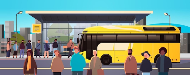 mix race people at public transport bus station comfortable moving concept horizontal cityscape background