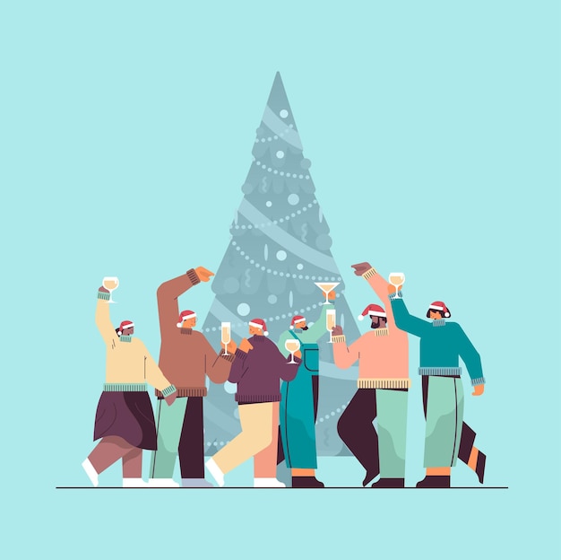 Mix race people in santa hats drinking champagne businesspeople celebrating corporate party new year christmas holidays celebration concept full length vector illustration