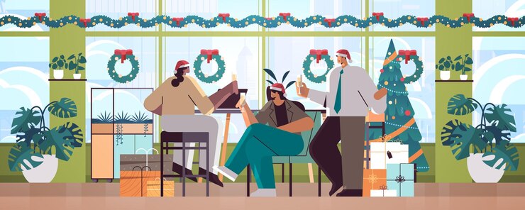 Vector mix race people in santa hats drinking champagne businesspeople celebrating corporate party new year christmas holidays celebration concept office interior full length vector illustration