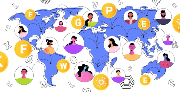 Mix race people sending and receiving digital coins on world map mining virtual money cryptocurrency exchange