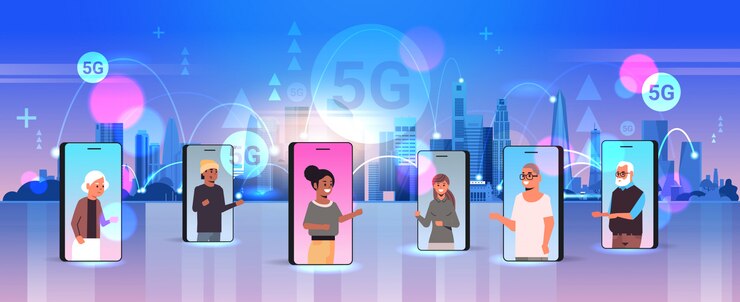 Vector mix race people using mobile app 5g online communication network wireless systems connection concept