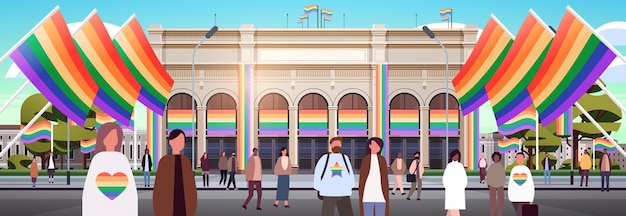 люди смешанной расы с радужными флагами лгбт гей лесбиянки парад любви фестиваль гордости трансгендерная концепция любви горизонтальная векторная иллюстрация