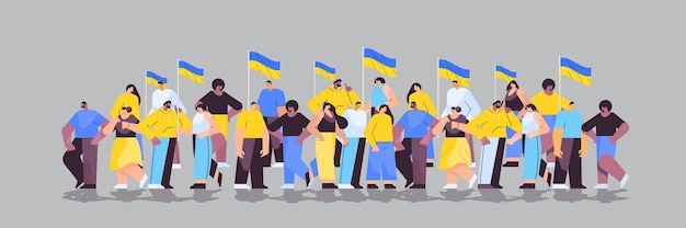 протестующие смешанной расы с украинскими флагами молятся за мир в Украине, спасите Украину от России, остановите войну, концепция, полная горизонтальная векторная иллюстрация