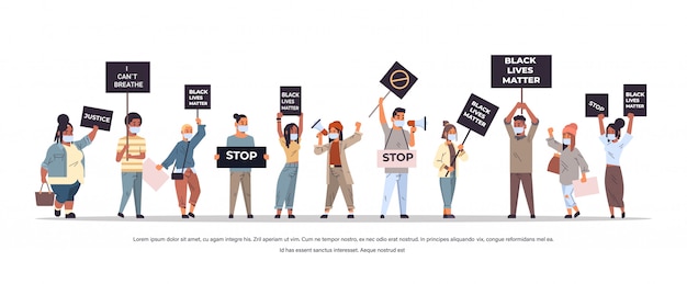 Vector mix race protesters with black lives matter banners protesting against racial discrimination social problems of racism horizontal full length copy space vector illustration