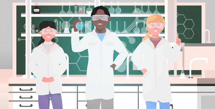 Vector mix race pupils in uniform holding test tubes working in chemical laboratory modern science classroom interior horizontal portrait