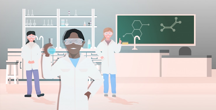 Vector mix race pupils in uniform holding test tubes working in chemical laboratory modern science classroom interior horizontal
