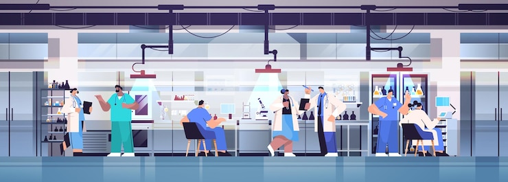 Vector mix race research scientist team working in lab researchers making chemical experiments in laboratory