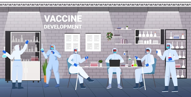 医療研究所のワクチン開発コンセプトで働くコロナウイルス研究者チームと戦うためにワクチンを開発している混血の科学者